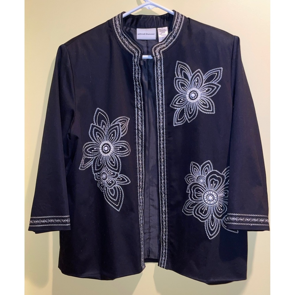 Alfred Dunner Black Silver Floral Embroidered Open Front Jacket Size 14 Evening